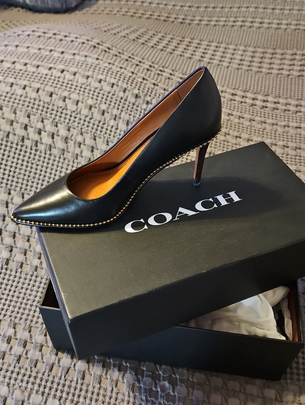 COACH Black Leather Pointed Stud-Trim Pump